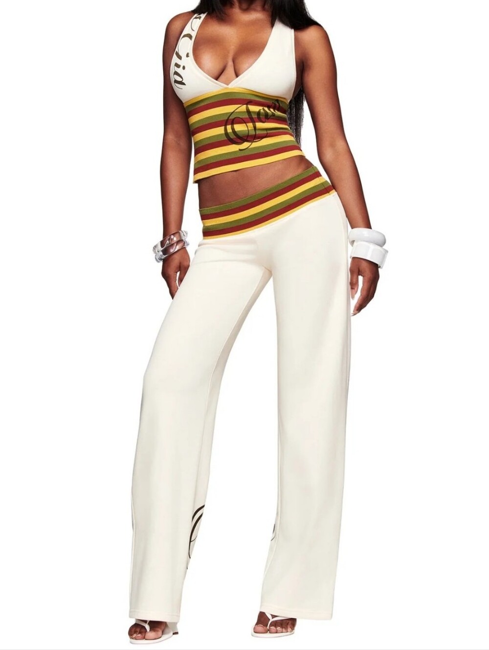 I.AM.GIA Candi Top & Pant Matching Knit Set Cream Striped - Top Small / Pants Me